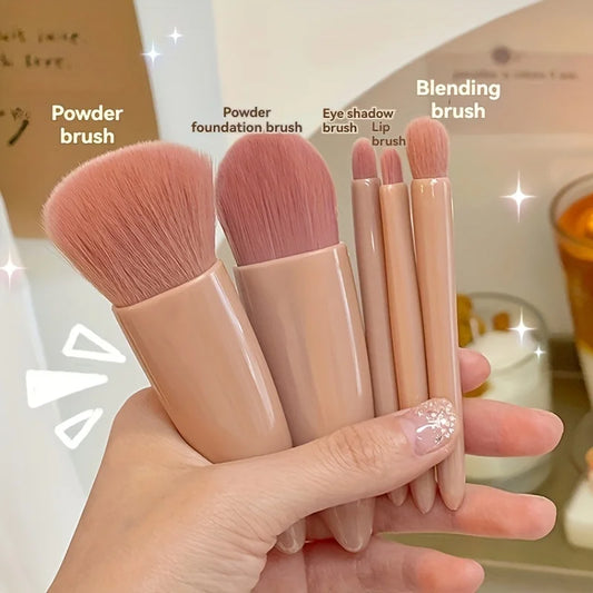 Juego de brochas de maquillaje portátiles de 5 piezas con espejo - Kit de viaje plegable, mini juego de brochas de maquillaje Juego de brochas de maquillaje de viaje