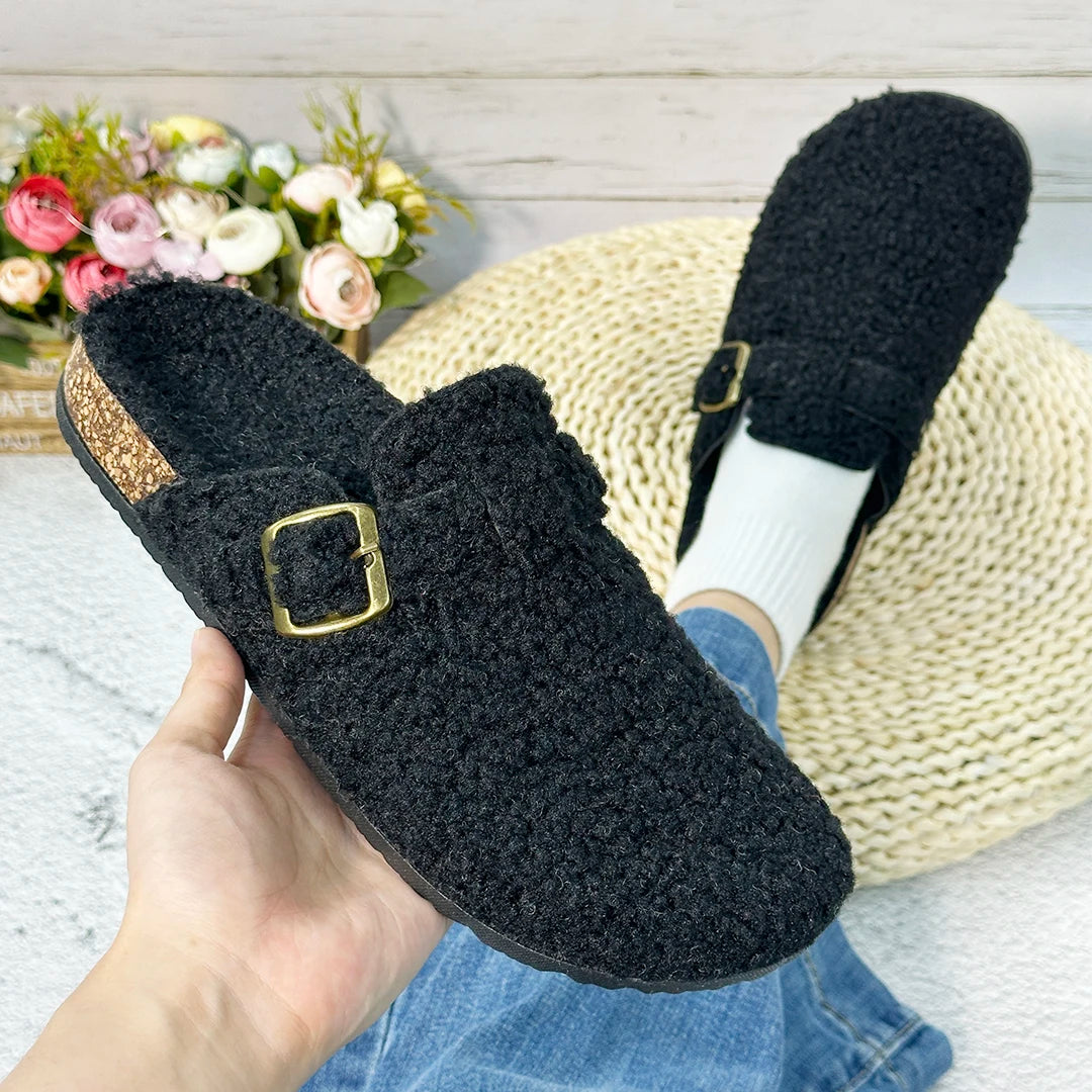 Otoño e Invierno nuevas mujeres y hombres tela de gamuza zapatilla de punta cerrada interior o exterior Slip-on Retro Sandalias planas duraderas