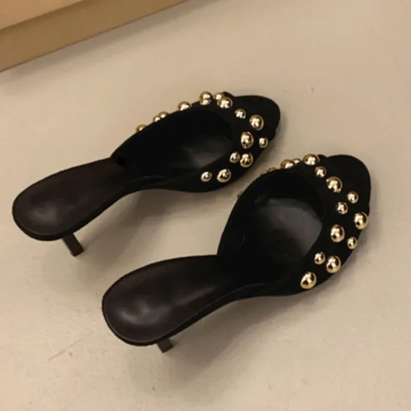 Novedad tacones finos Peep Toes Sandalias De Mujer cristal dedos cuadrados Slip On Mujer zapatillas sólido charol Zapatos Mujer 42