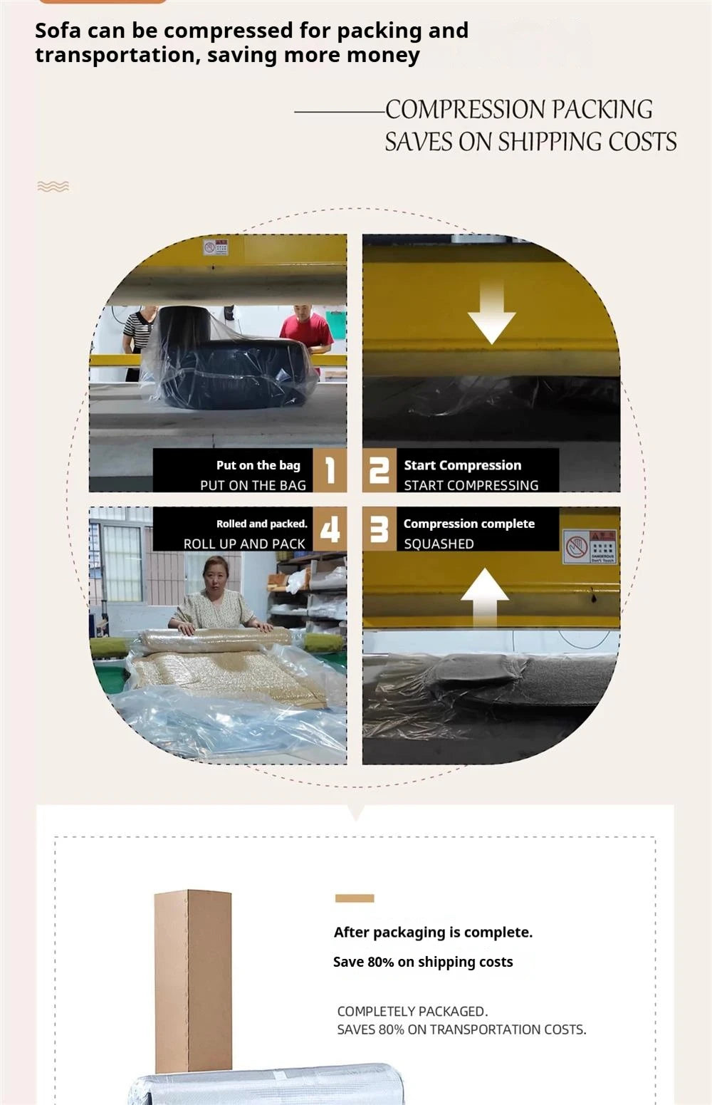Sofá modular comprimido al vacío, seccional de tela Wabi-Sabi Sherpa con espuma muy elástica, estilo crema de mediados de siglo, ahorro de espacio