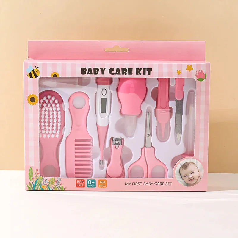 Kit de Cuidado para Bebés 10 en 1: Set de Aseo para Recién Nacidos (Cortaúñas/Cepillo/Termómetro) para Bebés (Rosa/Azul)
