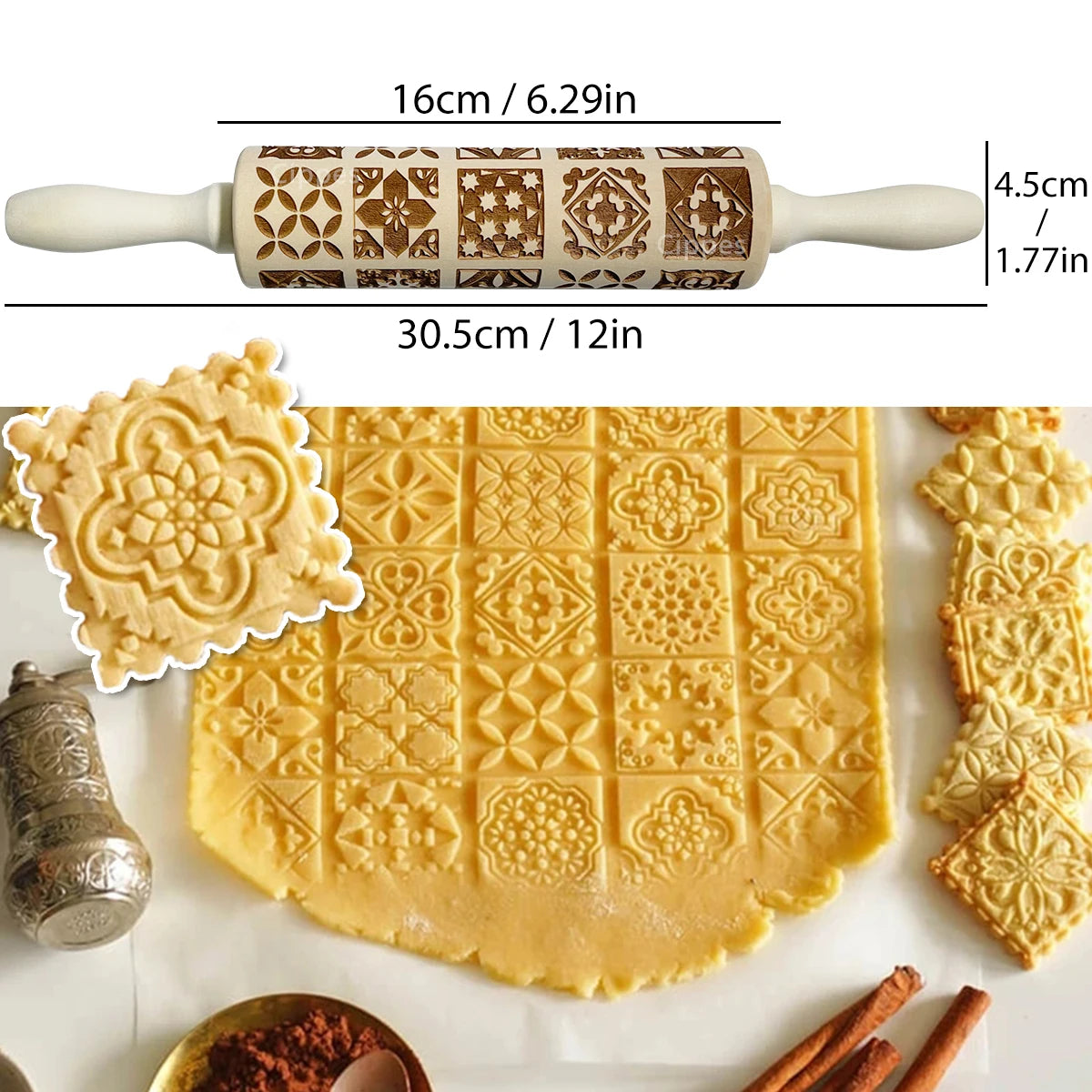 Rodillo navideño con patrones de flores de reno, molde para galletas 3D en relieve de madera grabado con láser, herramientas para hornear DIY, rodillo de masa