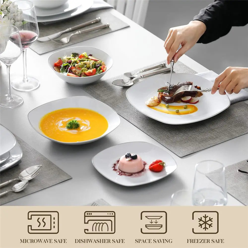 Juegos de vajilla, juego de 24 piezas de platos y tazones de porcelana, juego de vajilla cuadrada blanca con borde negro, platos para servir postres, sal