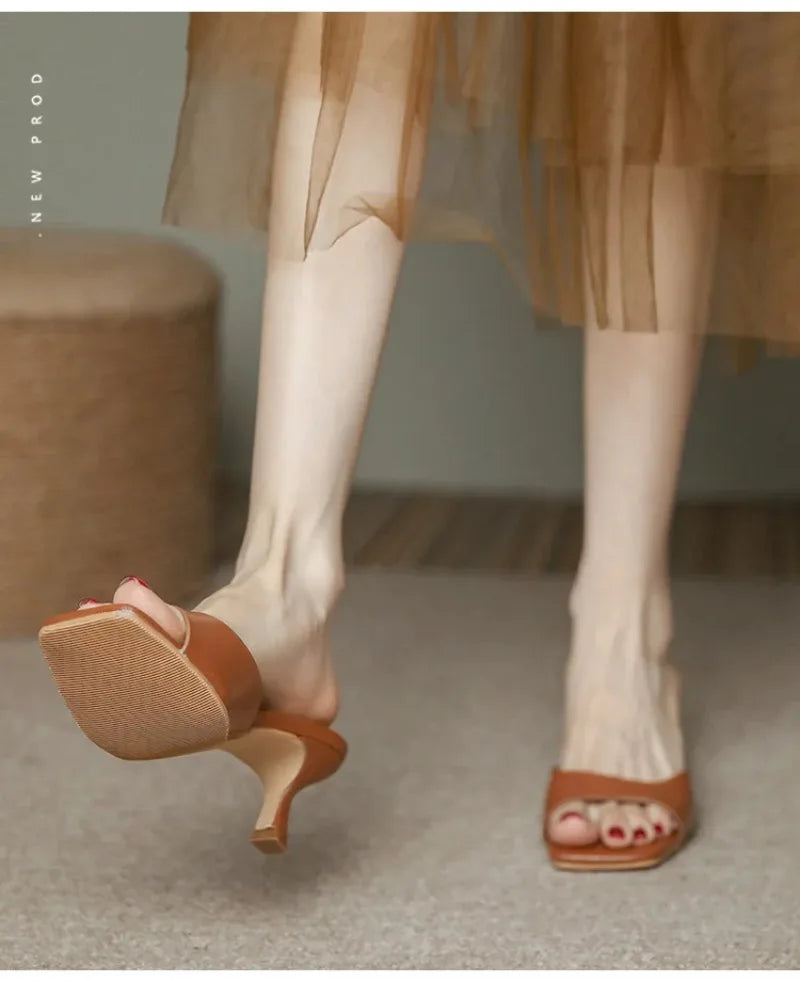 Pantuflas de Tacón Alto para Mujer, Pantuflas de Cuero Vacuno de Lujo, Pantuflas de Moda con Punta Cuadrada, Pantuflas de Tacón Alto con Punta Abierta para Verano