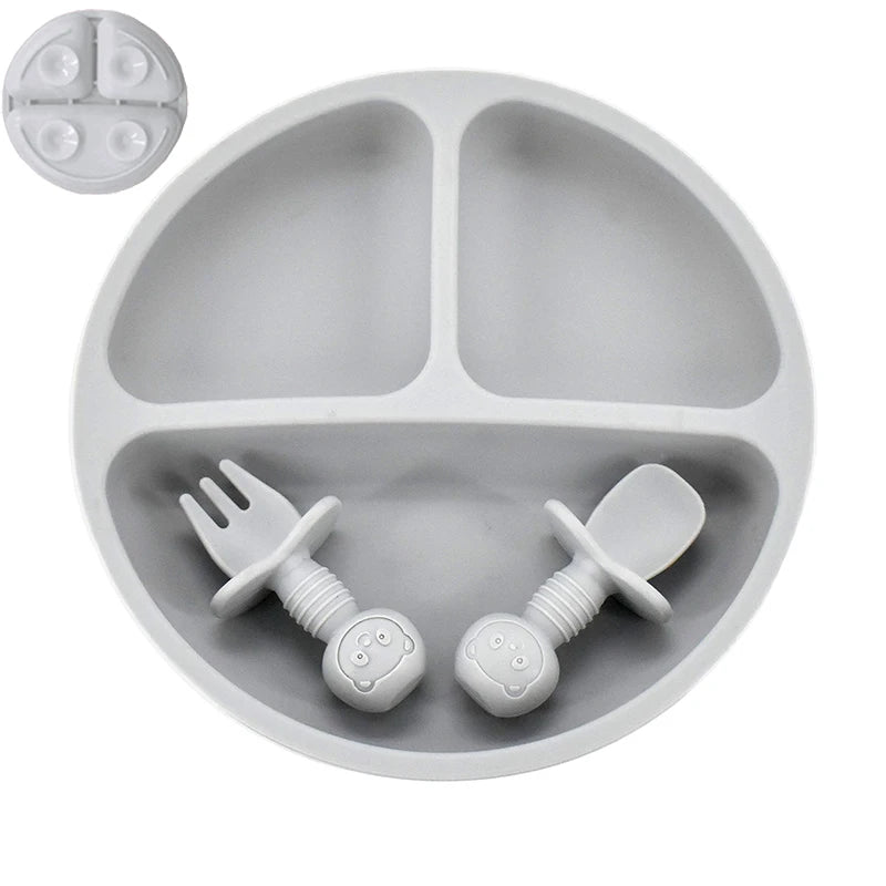 4 unids/set plato de comedor de silicona seguro para bebé, platos sólidos de dibujos animados para niños, juego de vajilla para bebé con cara sonriente, plato Retro para niños