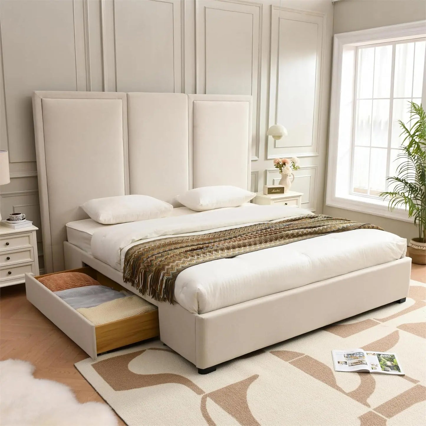 Estructura de cama tamaño King con cabecero alto de 64 pulgadas, cama con plataforma tapizada de lino simple y aireada con cajones de almacenamiento, listones de madera,