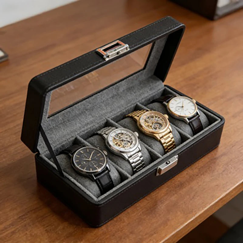 1 caja para relojes de 4 compartimentos, a prueba de polvo con ventana transparente, caja de exhibición y almacenamiento de relojes para hombres y mujeres
