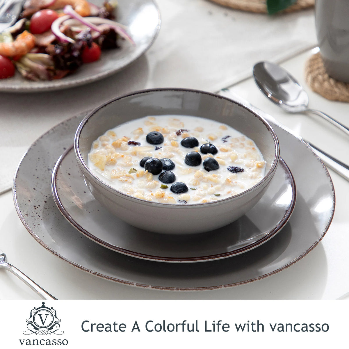 Vajilla de cerámica de gres, conjunto de taza, plato de cena, plato de postre y cuenco de 800 ml, modelo Vancasso VC-NAVIA-2-SLX123, color gris, desde 16, 32 y 48 piezas