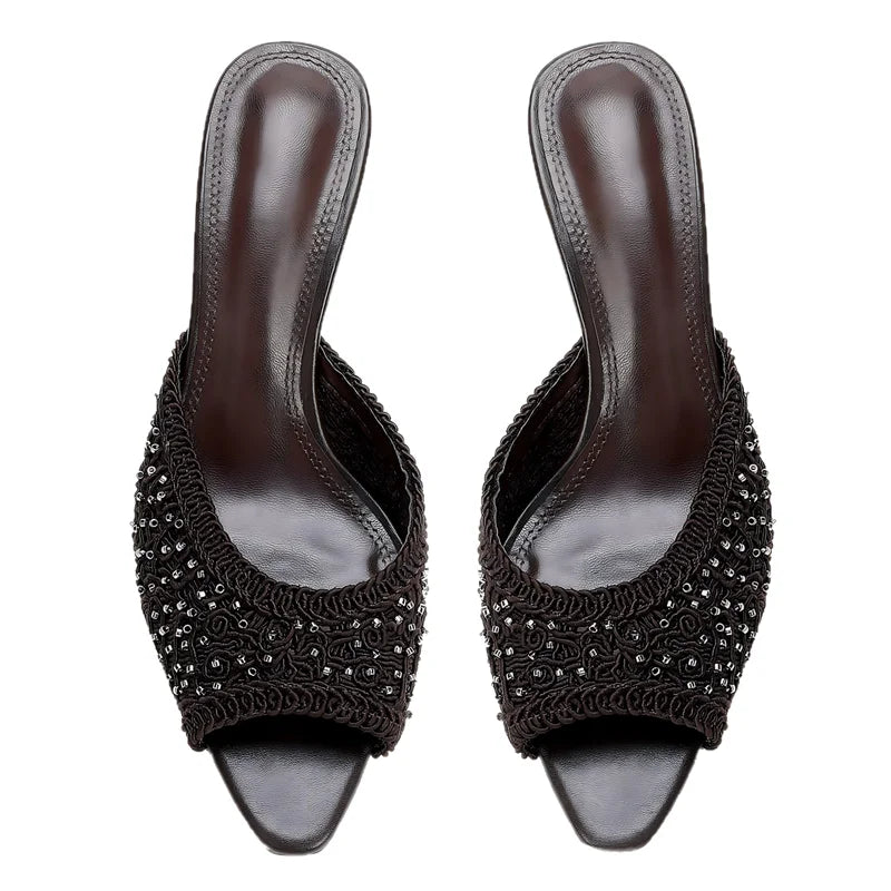 Aligaia 2026 Elegantes Sandalias de Tacón Alto para Mujer, con Cuentas, Punta Abierta, Casuales, de Diseñador, para Verano