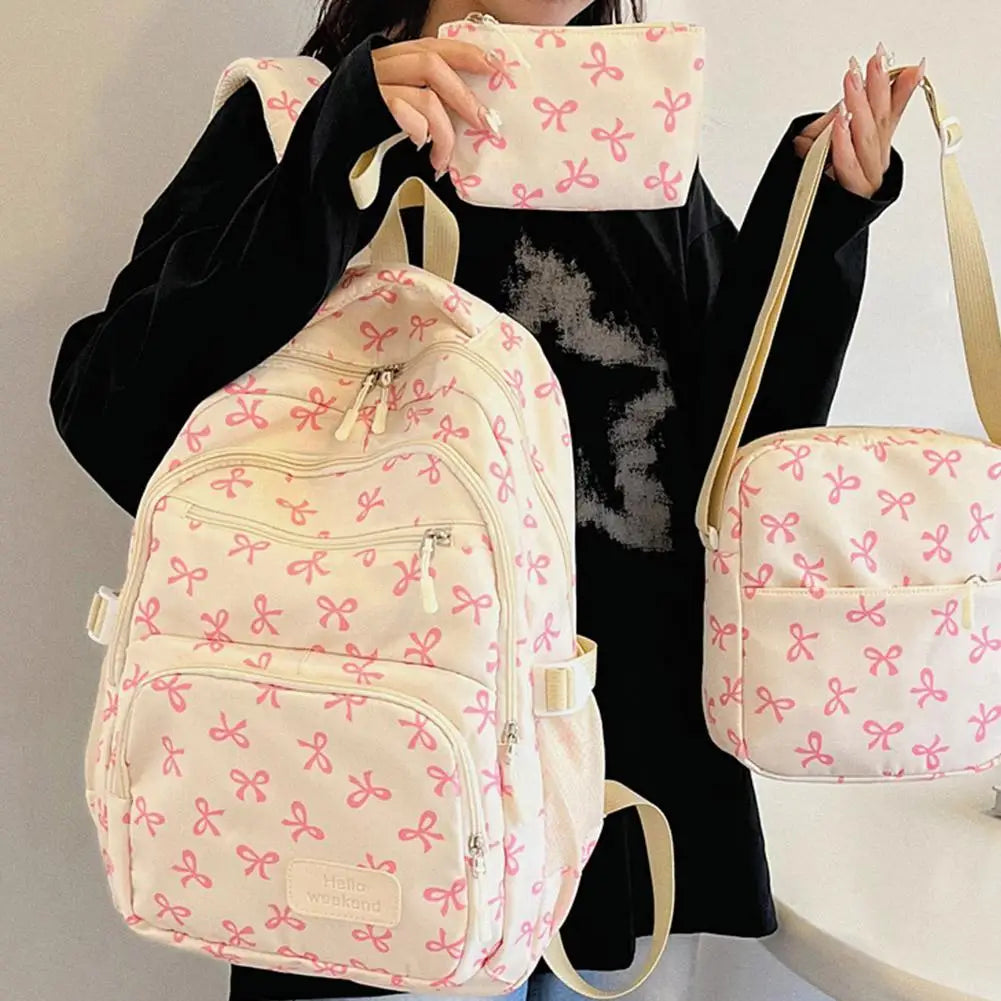 Conjunto de mochila de 3 uds., mochila con lazo de gran capacidad, bolso escolar de nailon con estampado de lazo, mochila para estudiantes con correa ajustable