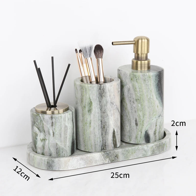 Juego de baño de mármol Natural verde esmeralda, jabonera de lujo, hisopos de algodón, tarro, difusor de caña, bandeja de tocador, accesorios de baño