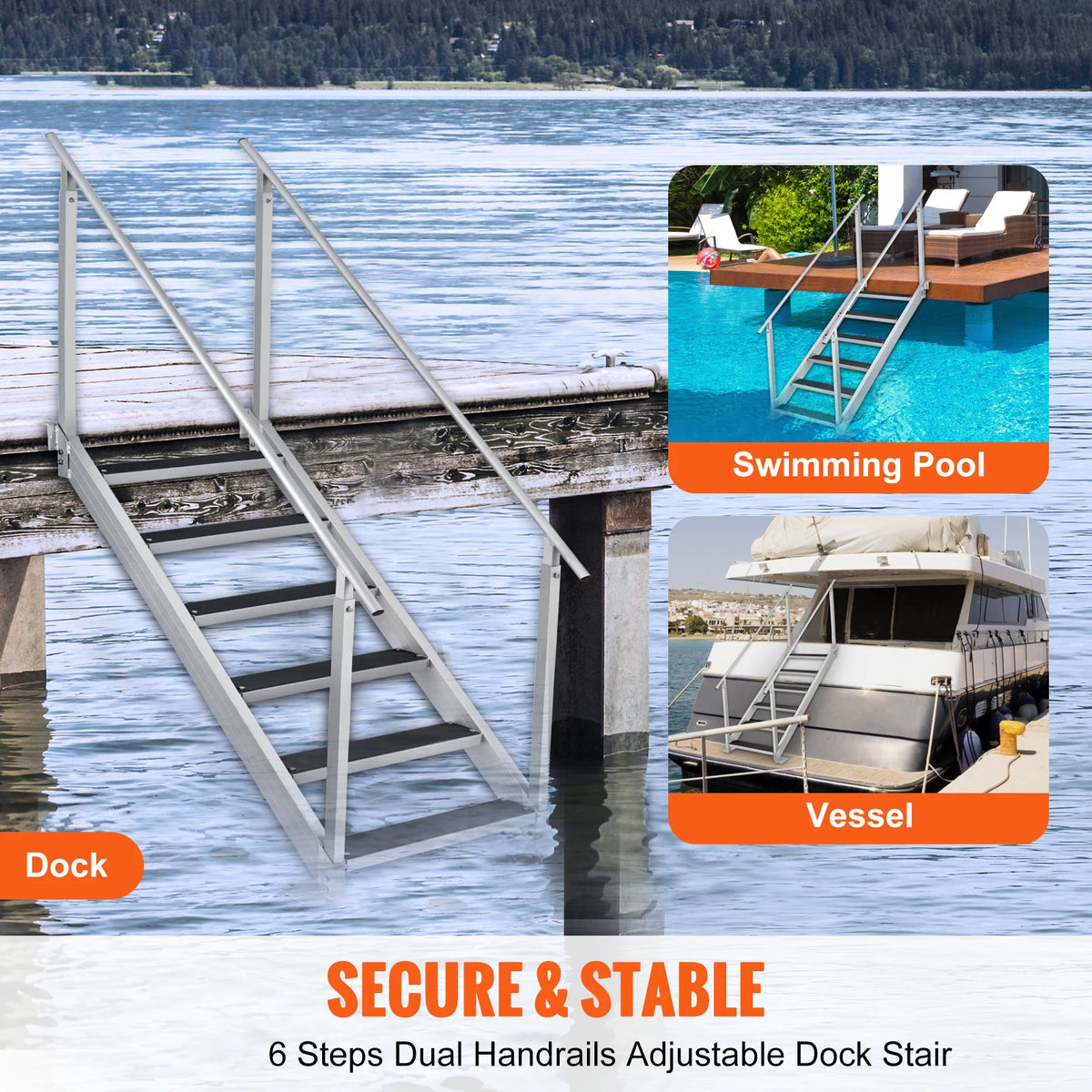 SucceBuy Escalera de muelle de pasamanos dobles de 4/6 escalones de aluminio con alfombrilla de goma de 30 "-39" de altura ajustable para piscina de embarque marina de lago