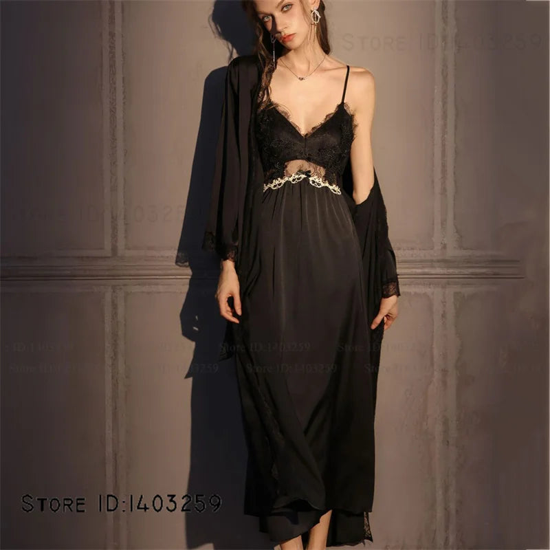 Conjunto de bata larga elegante para mujer, camisón de lencería Sexy, camisón con espalda descubierta, ropa de dormir para el hogar, ropa de dormir de satén de seda