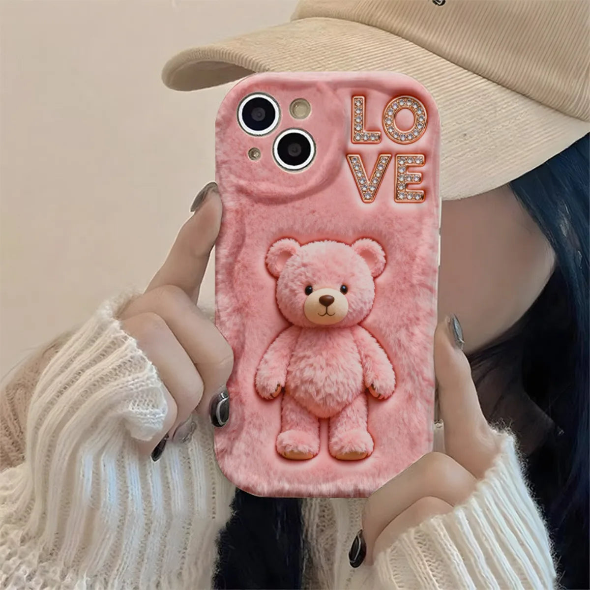 Funda para Teléfono con Diseño de Osito de Peluche Rosa y Patrón de Amor para iPhone 17 Pro Max, iPhone Air 16 Plus, 15, 14, 13, 12, 11, Carcasa Antigolpes