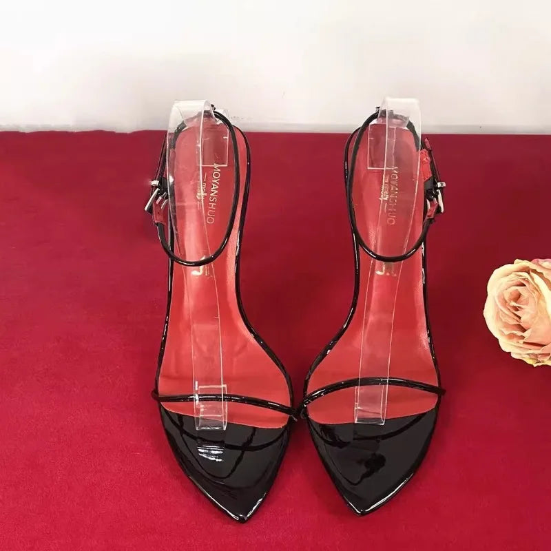 Sandalias de Tacón de Aguja con Correa de Hebilla Ultrafinas y Sexys de Verano, con Punta Puntiaguda y Diseño Simple