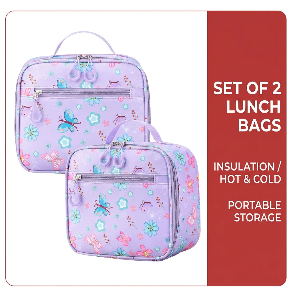 Juego de 3 Piezas de Mochila Escolar para Niños con Estampado de Mariposas y Flores, Resistente al Agua, Ligera, con Lonchera Aislada y Estuche para Lápices
