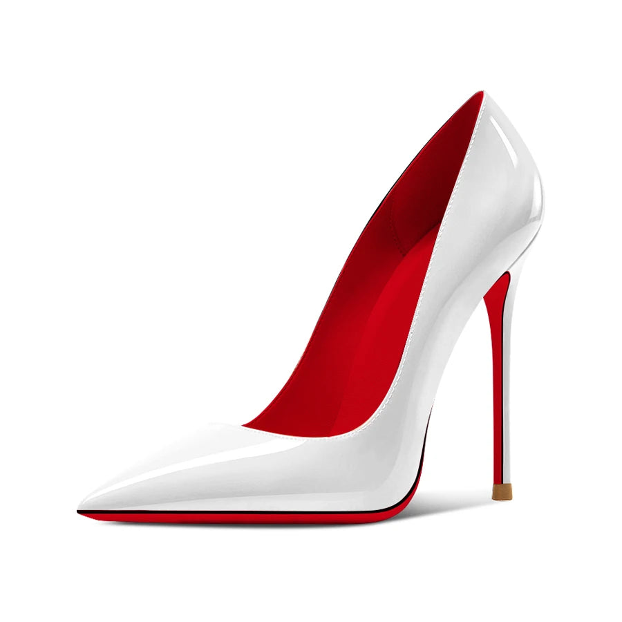 Nuevos tacones altos negros puntiagudos de 12 cm para mujer, tacones delgados con temperamento sexy, boca poco profunda, zapatos individuales con suela roja 34-46
