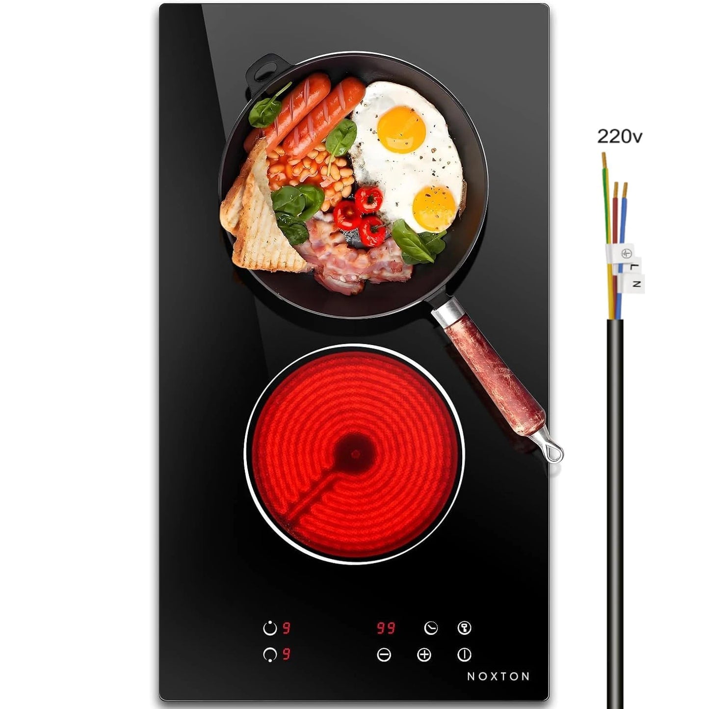 NOXTON Placa vitroceramica 2 Fuegos, 3000W, vitrocerámica 60 cm, Ajuste de 9 velocidades, Bloqueo de seguridad, Indicador de calentamiento, Mandos táctiles