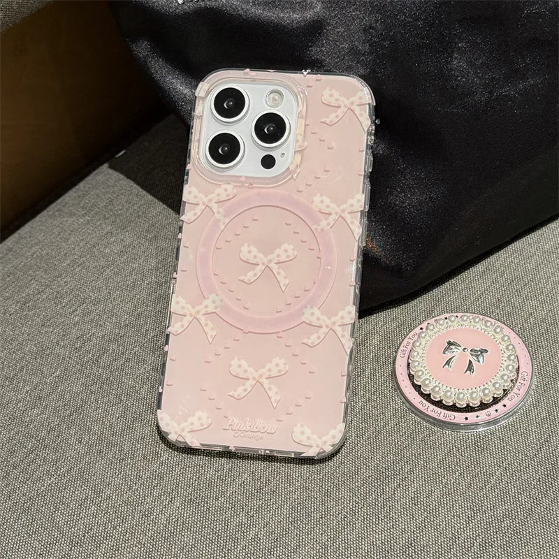 Preciosa funda de teléfono magnética para iPhone 16 Pro 15 14 13 Pro Max 15Pro, funda con soporte de lazo de perlas, fundas a prueba de golpes para Magsafe