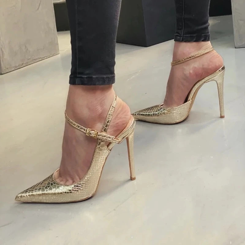 Sandalias de tacón alto con punta abierta y lado dorado, sandalias de piel de serpiente con punta en pico y hebilla, tacones de 12cm, zapatos de vestir para mujer