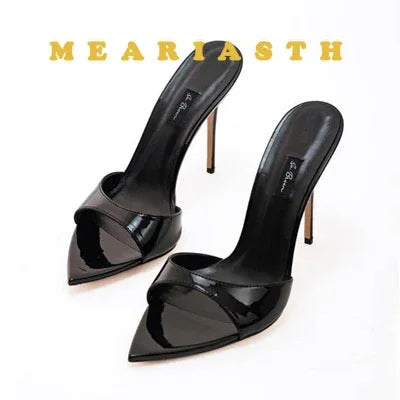 Zapatos de tacón alto con punta abierta para mujer, zapatillas exteriores de verano para fiesta, Stiletto, sandalias de charol de diseñador de lujo, 12/10cm