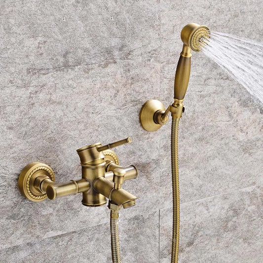 Grifo de ducha de baño antiguo, mezclador de bañera caliente y fría, grifo de grúa, montaje en pared, Material de latón, juego de baño de Bambú