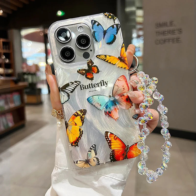 Funda de teléfono de arena con plumas graduales plateadas y mariposas de lujo para iPhone 16 15 14 13 12 11 Pro Max X XR 7 8 Plus, funda con cordón