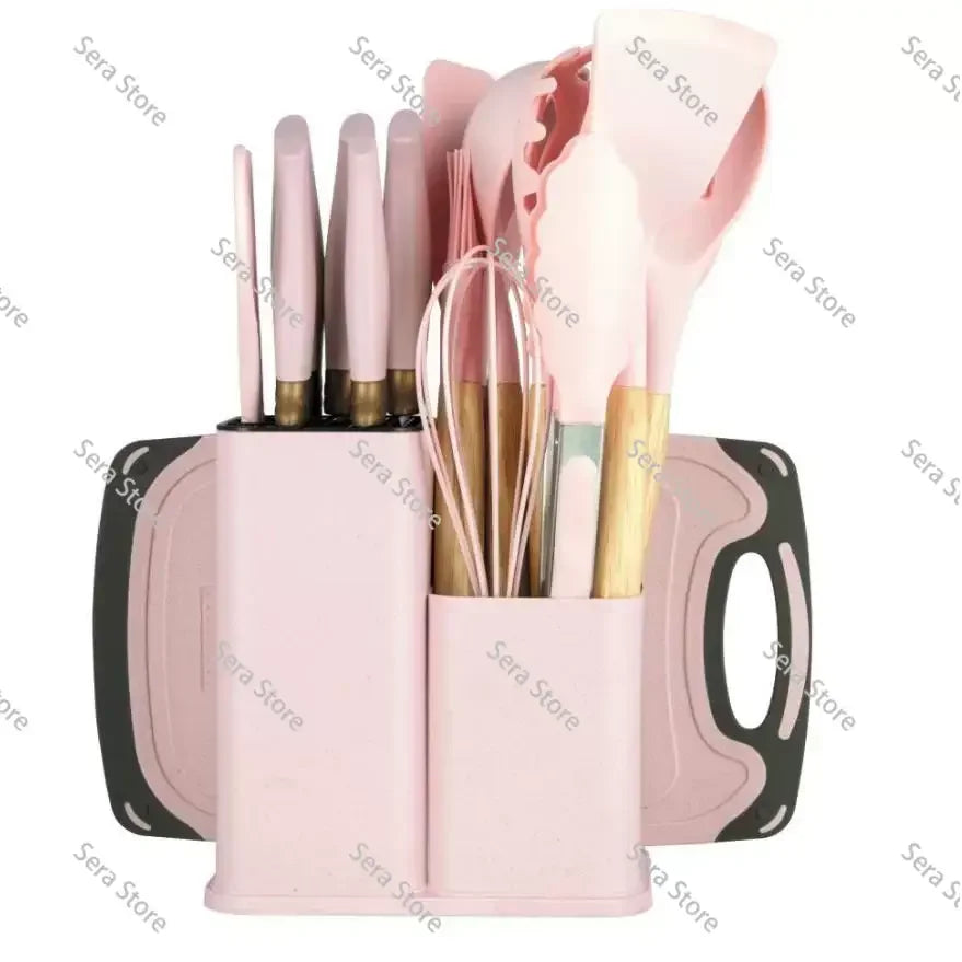 Juego de Utensilios de Cocina de Silicona de 19 Piezas, Sartén Antiadherente, Espátula para Cocinar con Cubo de Almacenamiento, Juego Combinado de Cuchillos