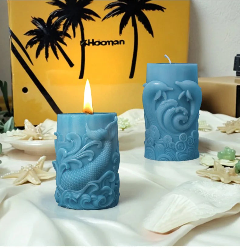 DIY estilo océano vela cilíndrica en relieve molde de silicona estrella de mar concha molde de resina cilíndrica ondas vieira moldes de yeso coral