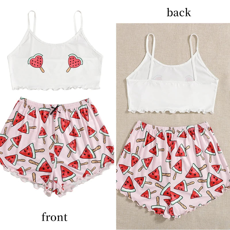Conjunto de ropa de dormir de casa para mujer, ropa de dormir cómoda de dos piezas con tirantes de sandía, estampado rosa de seda de leche, novedad de verano