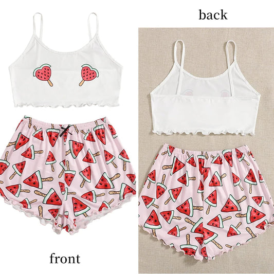 Conjunto de ropa de dormir de casa para mujer, ropa de dormir cómoda de dos piezas con tirantes de sandía, estampado rosa de seda de leche, novedad de verano