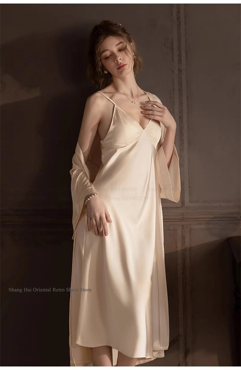 Elegante Conjunto de Bata Larga para Mujer, Lencería Sexy, Ropa de Dormir, Kimono Holgado, Bata de Baño, Vestido de Casa de Satén Sedoso, Ropa de Estar