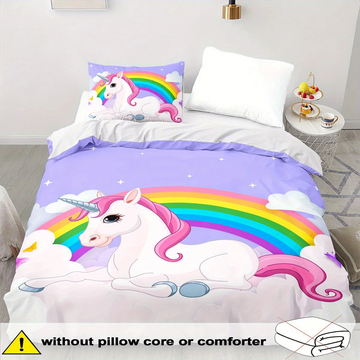 Juego de funda nórdica con tema de unicornio, 2/3 piezas, suave, cómodo, transpirable, juego de cama con estampado de unicornio arcoíris, estampado de animales de fantasía