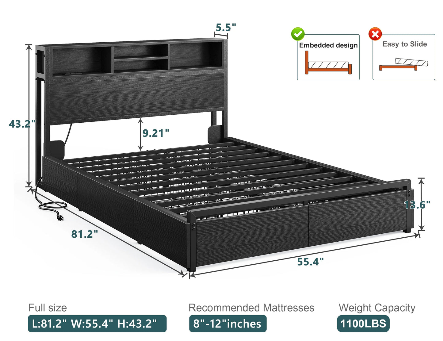 EnHomee - Base de Cama Matrimonial/Queen/King con 6 Cajones de Almacenamiento y Estación de Carga, Base de Cama de Plataforma Metálica con Cabecera con Librero, Sin Ruido