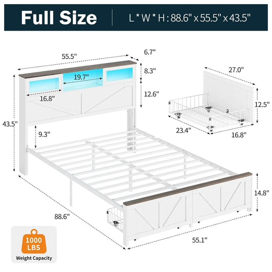 Base de Cama Matrimonial con Cabecero, Base de Cama Matrimonial con Estación de Carga, Camas LED con 2 Cajones de Almacenamiento, Base de Cama de Madera Estilo Rústico