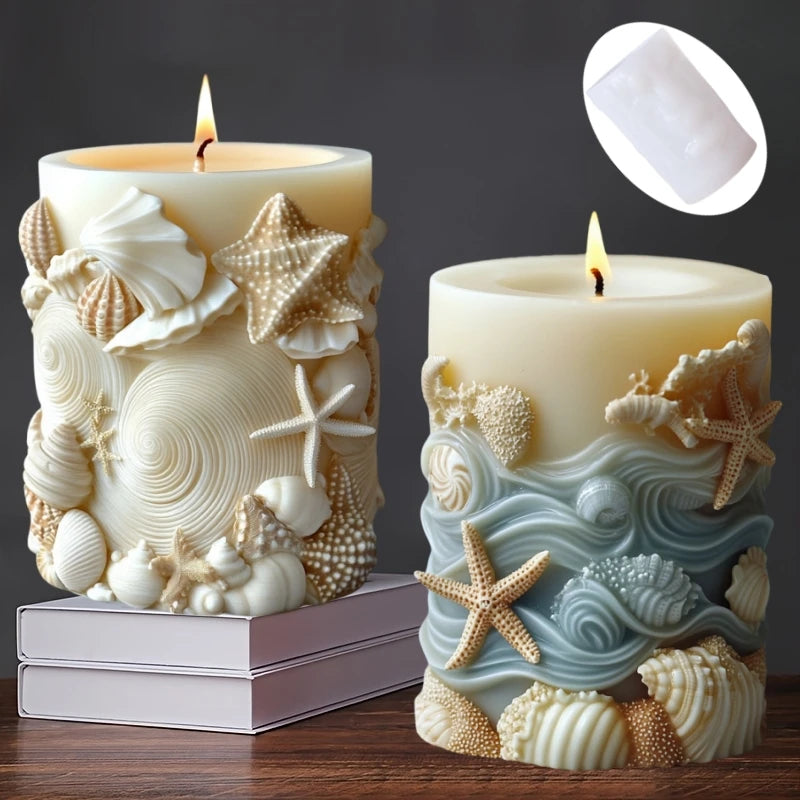 DIY estilo océano vela cilíndrica en relieve molde de silicona estrella de mar concha molde de resina cilíndrica ondas vieira moldes de yeso coral