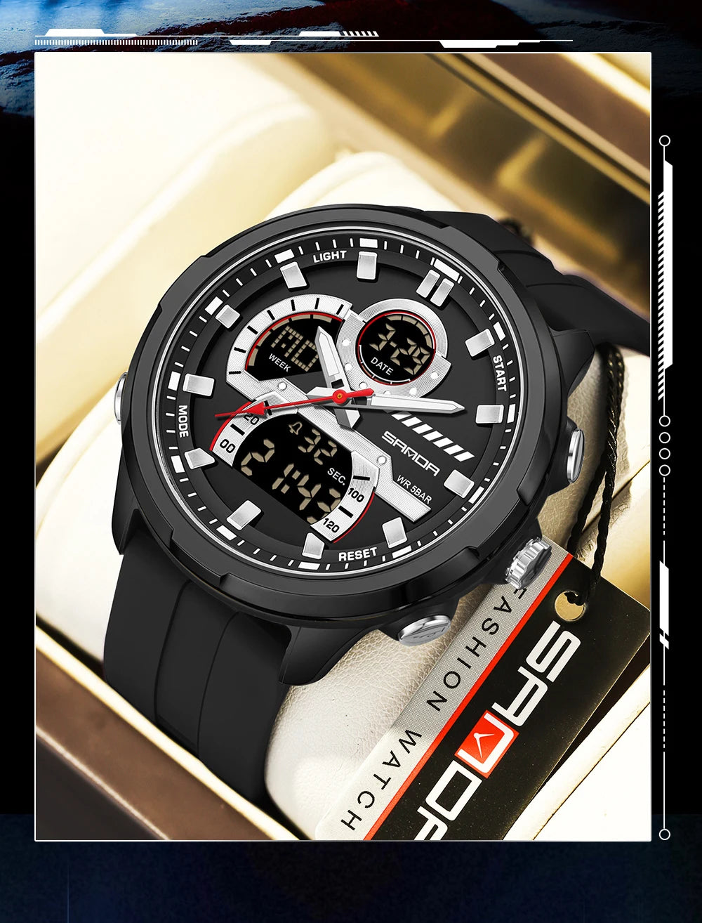 Reloj electrónico de cuarzo SNADA para hombre con pantalla Dual deportivo multifuncional LED resistente al agua reloj electrónico de cuarzo para hombre 9077