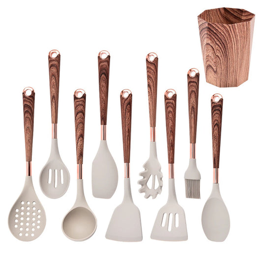 LMETJMA Juego de utensilios de cocina de silicona, 10 Uds., utensilio de cocina con soporte para utensilios, asas de patrón de madera, utensilios de cocina antiadherentes JT264