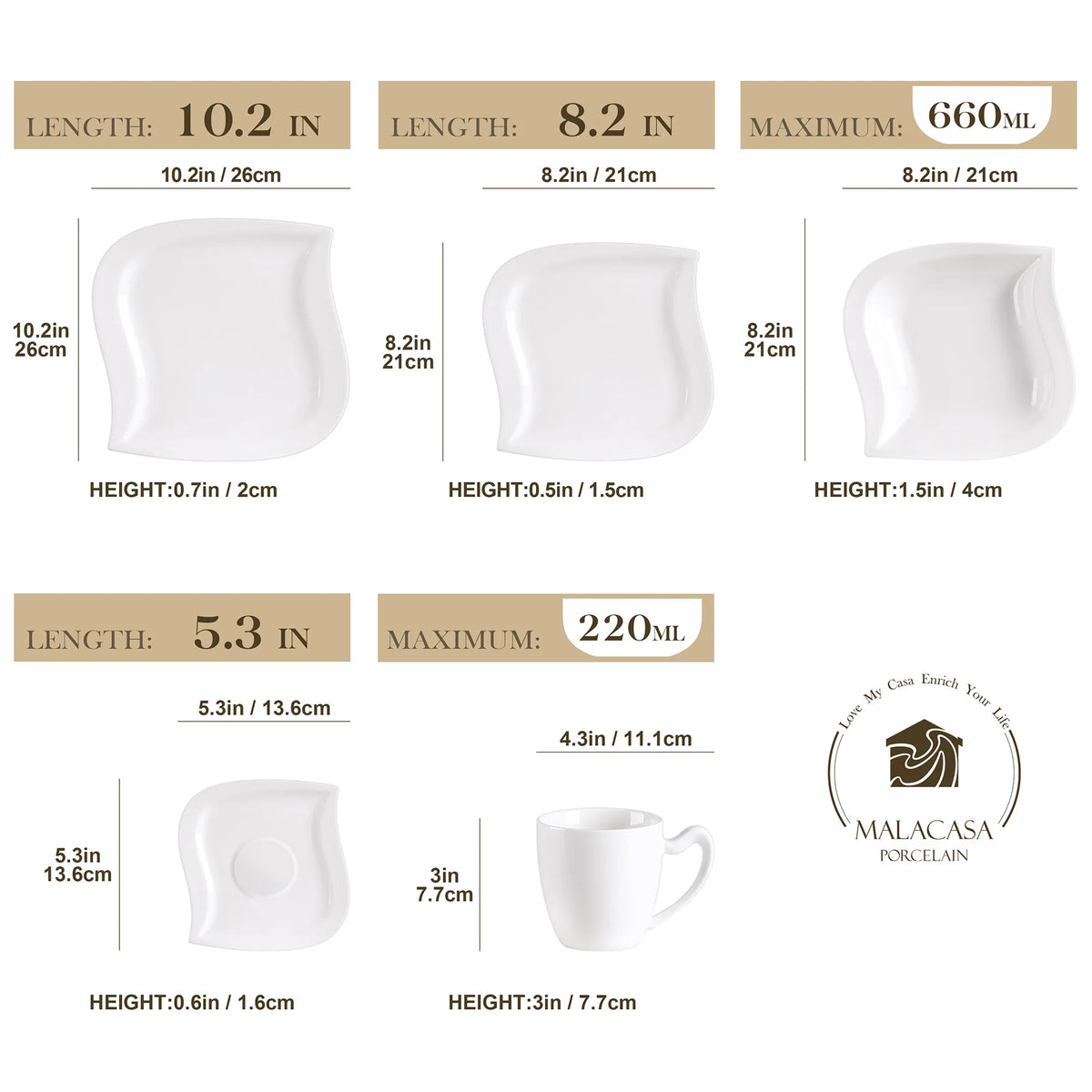 MALACASA-Juego de vajilla de porcelana blanca, juego de tazas, platillos, platos de cena, postre, sopa, servicio de vajilla para 30/60, 6/12 piezas
