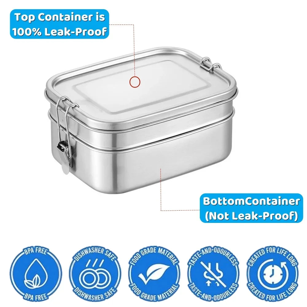 Lonchera de Acero Inoxidable 304, Hermética y a Prueba de Fugas, Bento Box de 1/2 Capas, Contenedores para Almacenamiento de Alimentos con Cierre para Adultos