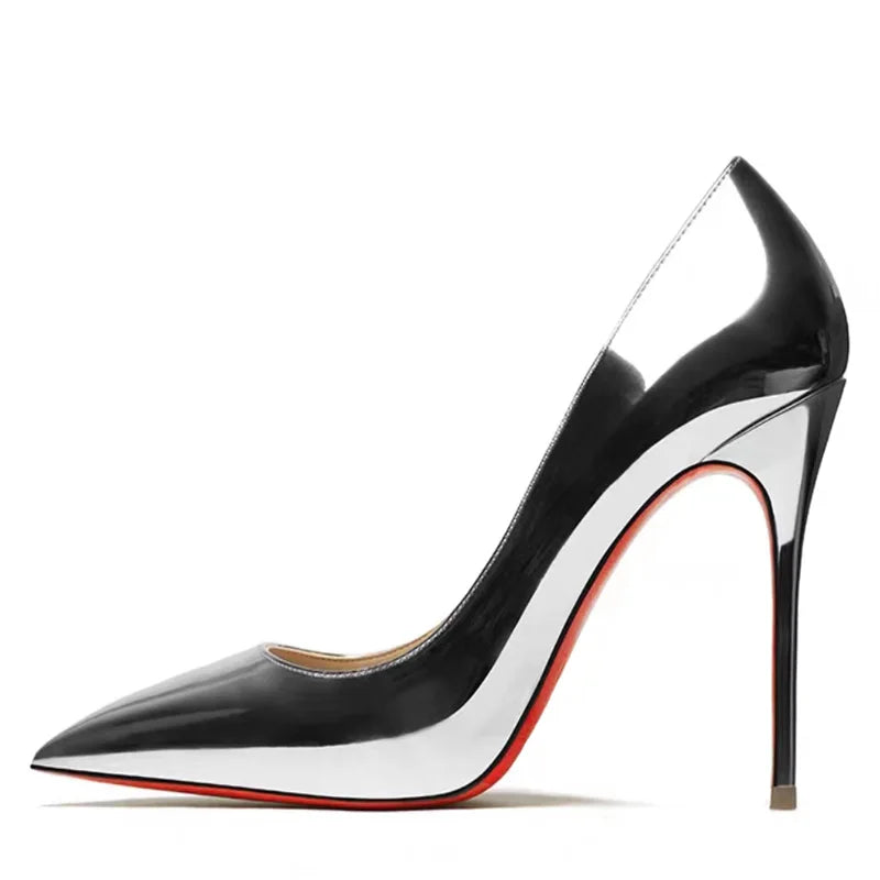 Tacones altos plateados, tacones delgados para mujer, nuevos zapatos individuales puntiagudos de boca poco profunda, zapatos de banquete de gran tamaño con espejo