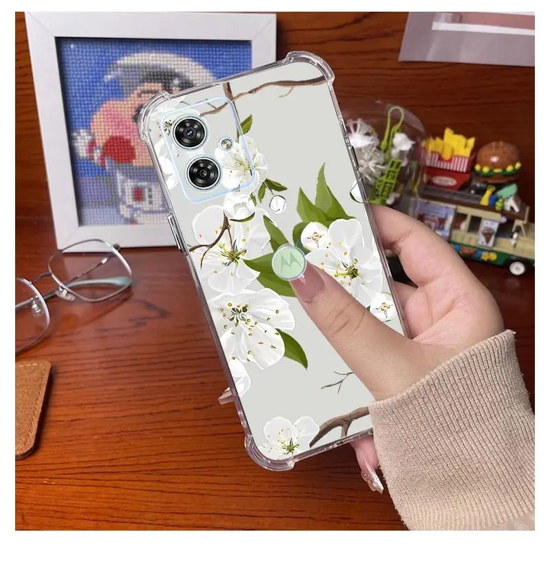 Funda de teléfono transparente G54 flores y hierba para Motorola Moto G54 G53 G52 G72 G82 G13 G73 G32 G84 G14 G42 G24Power G30 G9