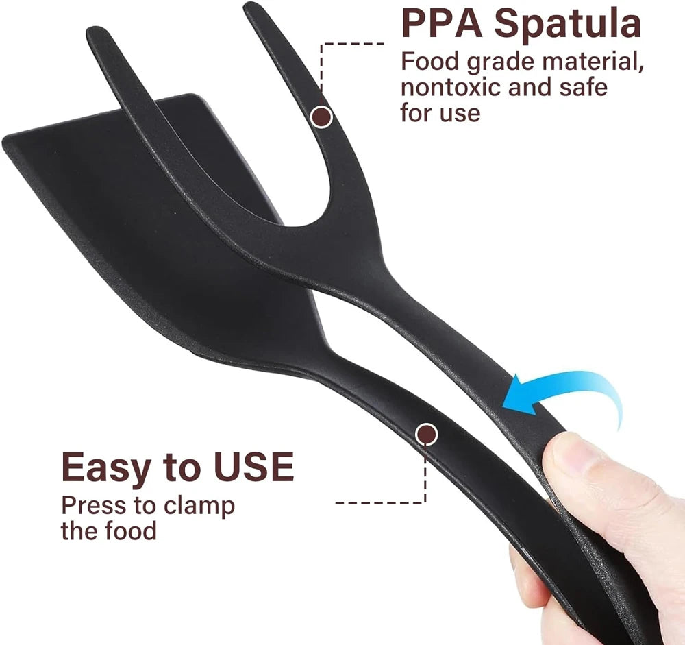 Nueva Espátula 2 en 1 con Pinzas, Espátula para Voltear Huevos, Espátula de Nailon con Revestimiento Antiadherente, Herramienta para Hacer Panqueques, Pescado, Tostadas Francesas y Omelettes