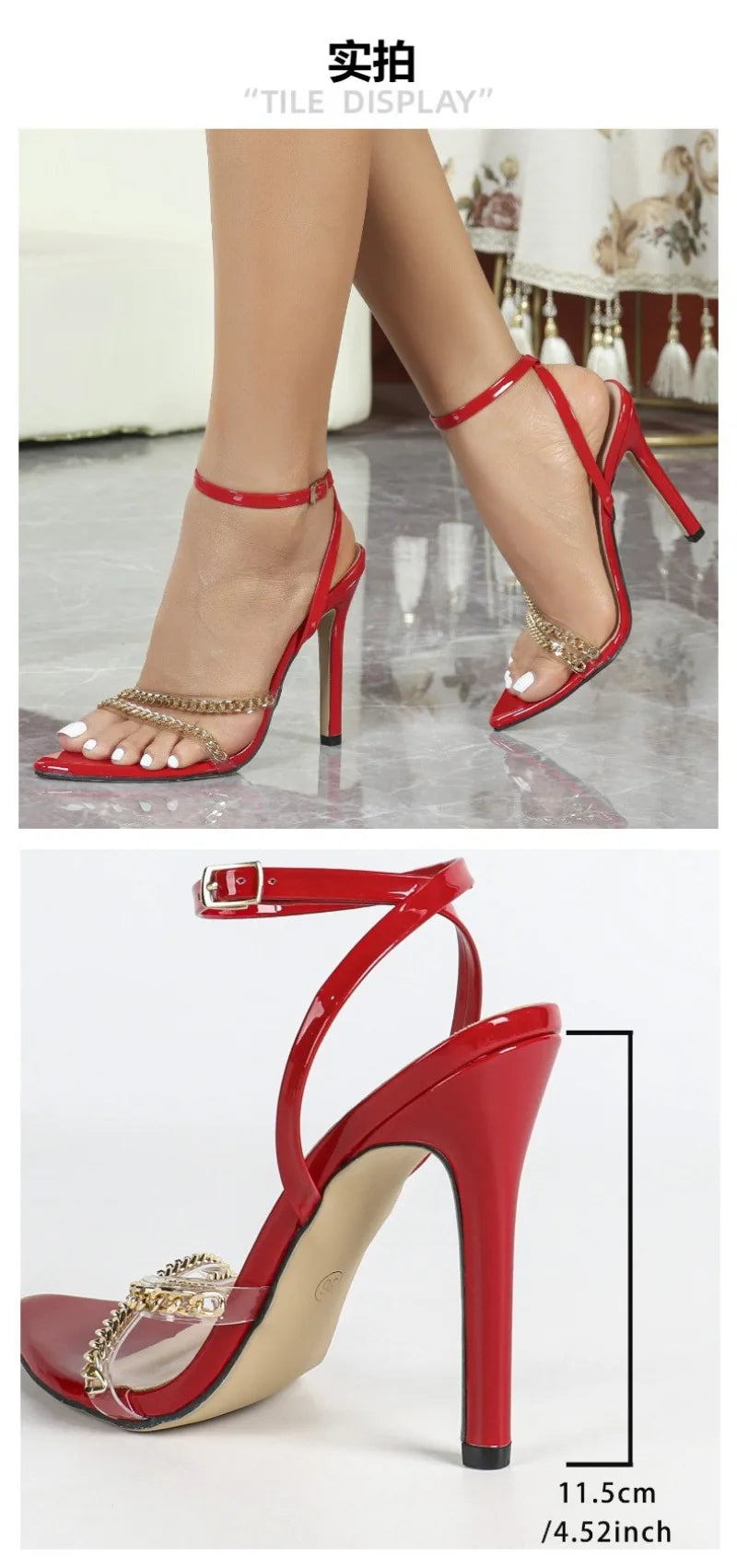 Sandalias de tacón alto para mujer, sandalias de tacón de aguja puntiagudas sexys, sandalias de moda con correa en el tobillo, sandalias con hebilla de una sola tira, sandalias de diseñador con cadena metálica