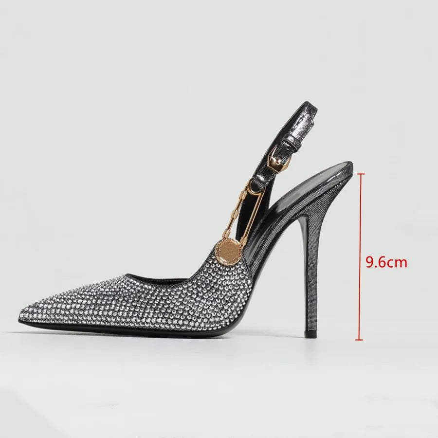 Zapatos de tacón de lujo con hebilla de lentejuelas y diamantes de imitación para mujer, zapatos de tacón alto de aguja con punta estrecha, zapatos de moda para primavera y verano