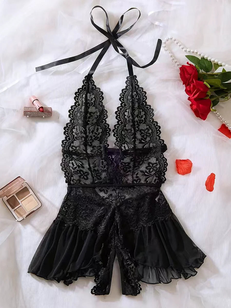 Conjunto de lencería erótica hueca de realce para mujer, ropa interior transparente de encaje, conjunto de sujetador erótico ajustado, vestido de dormir Sexy de encaje a la moda