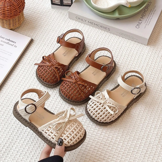 Sandalias Casuales de Verano para Niñas, con Lazo, Tejidas, Planas, Antideslizantes, con Diseño Calado, para la Playa, la Escuela y el Uso Diario