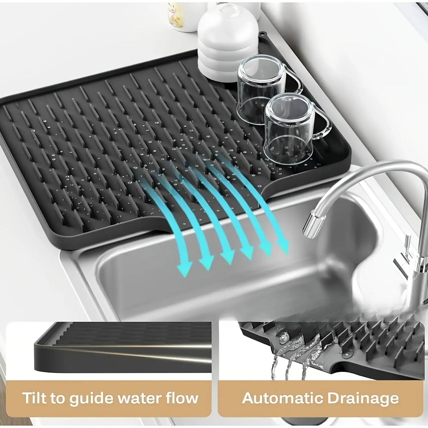 Estera de drenaje de silicona para cocina con diseño de drenaje incorporado, fácil de limpiar, adecuada para encimeras, fregaderos y refrigeradores