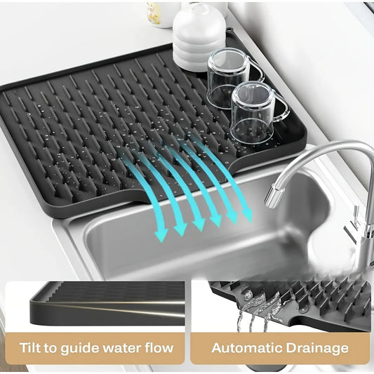 Silikon-Abtropfmatte für die Küche mit integriertem Abflussdesign, leicht zu reinigen, geeignet für Arbeitsplatten, Spülbecken und Kühlschränke