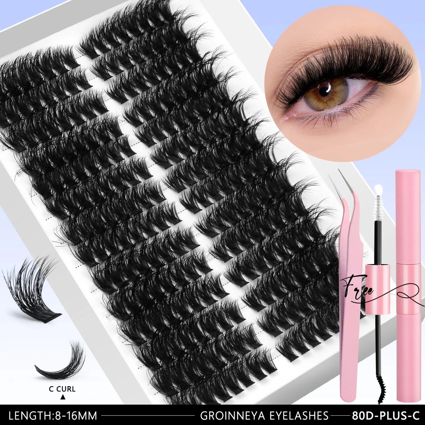 GROINNEYA Clusters de pestañas 540 Uds Kit de extensiones de pestañas de gato Kit de pestañas en racimo con Kit de maquillaje de pestañas Bond & Seal